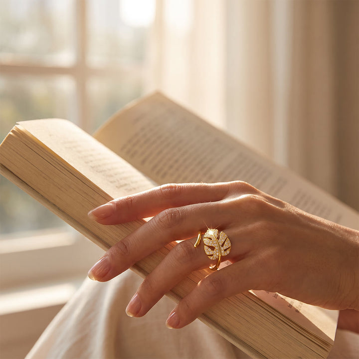 Hilalhaven Gilded Frond Pavé‑Olive Leaf Adjustable Ring — - image 1