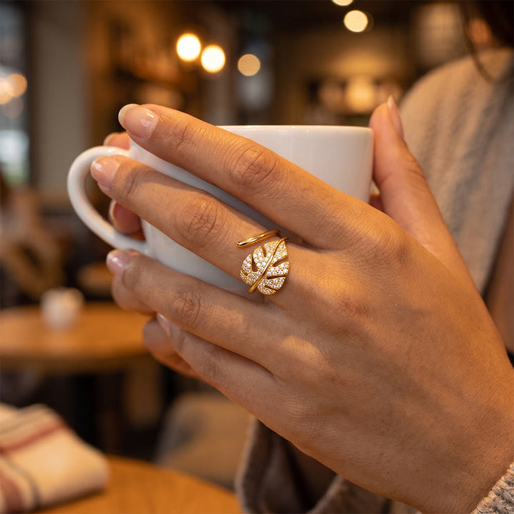 Hilalhaven Gilded Frond Pavé‑Olive Leaf Adjustable Ring — - image 8