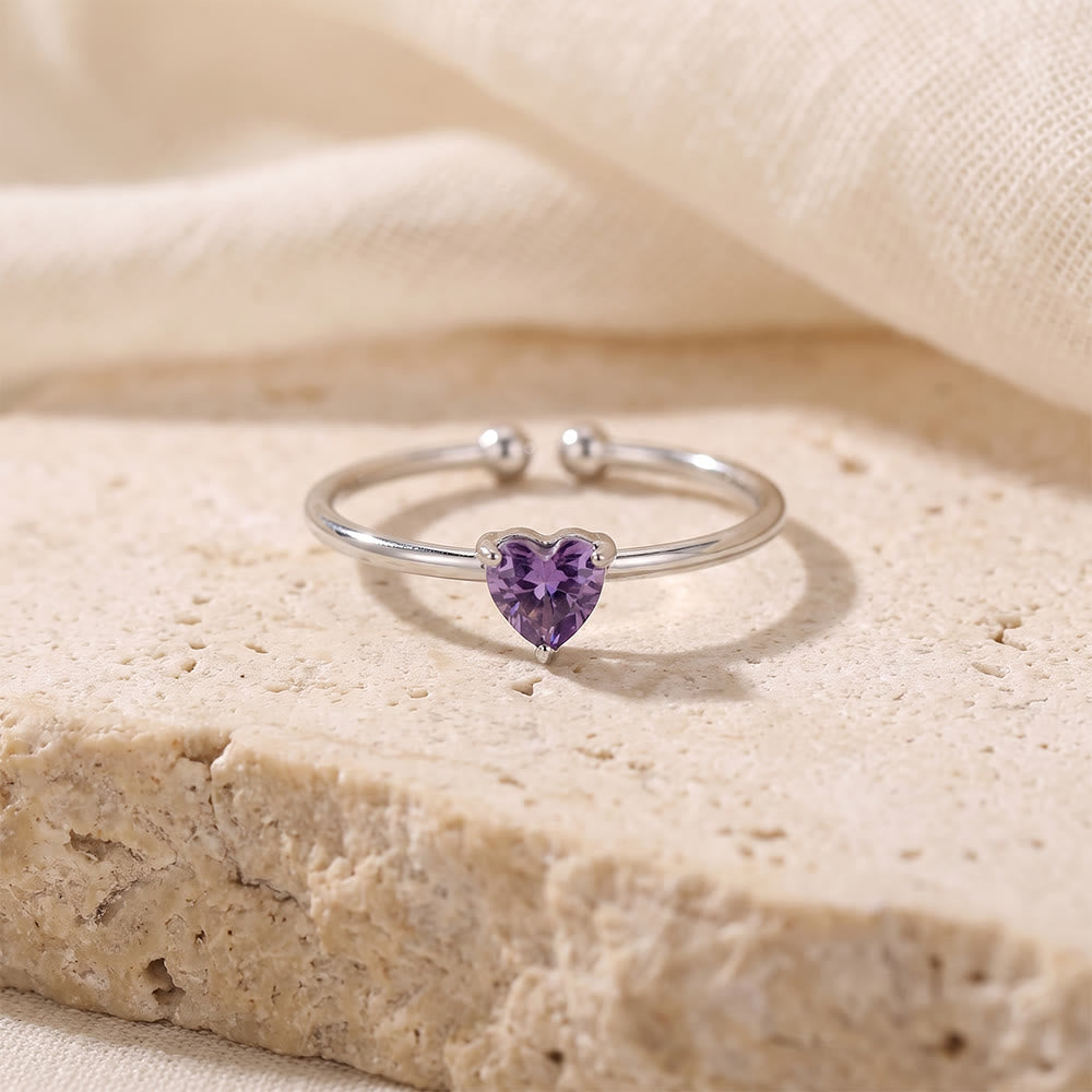 HilalHaven Sweet Heart Multi‑Color Birthstone Adjustable Ring - Silver - February - image 9