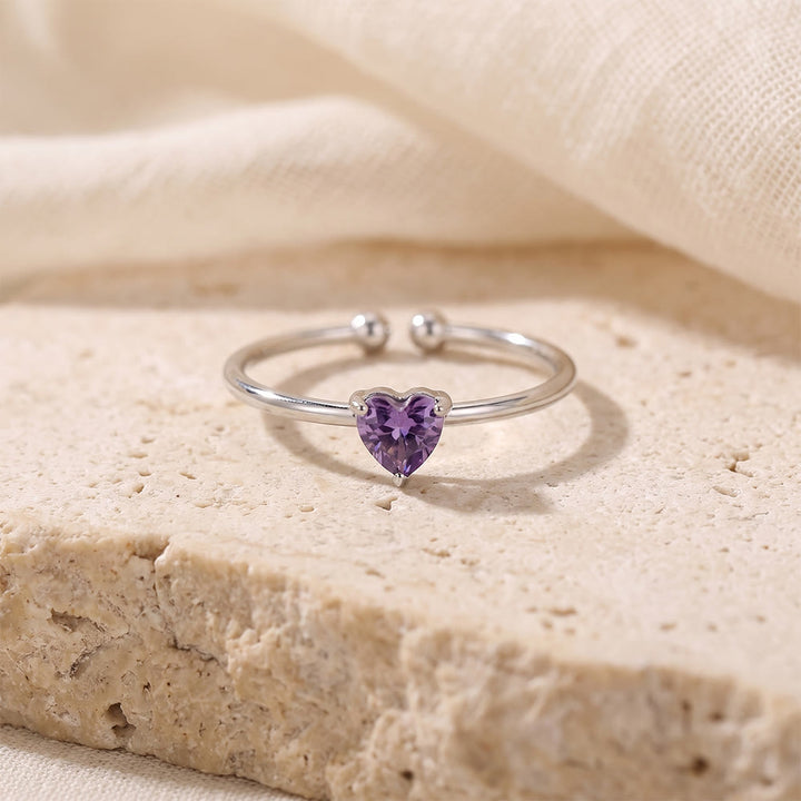 HilalHaven Sweet Heart Multi‑Color Birthstone Adjustable Ring - Silver - February - image 9