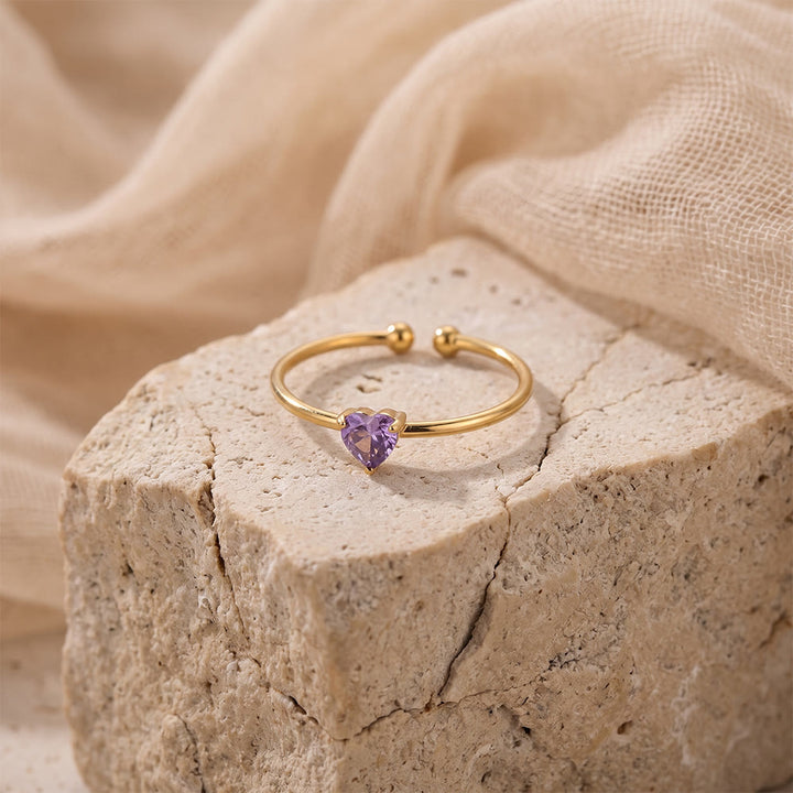 HilalHaven Sweet Heart Multi‑Color Birthstone Adjustable Ring - Golden - February - image 8