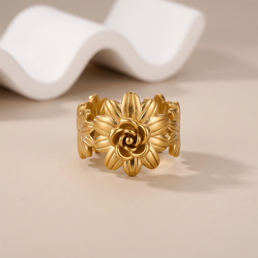 HilalHaven Matte Petal Carved Floral Adjustable Ring - Golden - image 3