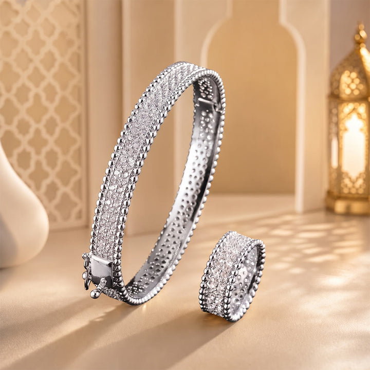 HilalHaven Glimmer Border Zircon‑Inlaid Bangle &amp; Ring Jewellery Set - Silver - Bracelet&amp;Ring Set - image 3