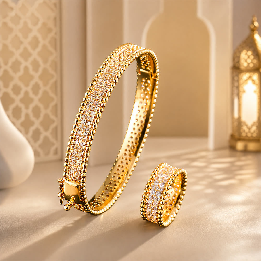 HilalHaven Glimmer Border Zircon‑Inlaid Bangle &amp; Ring Jewellery Set - Golden - Bracelet &amp; Ring Set - US 8 - image 2