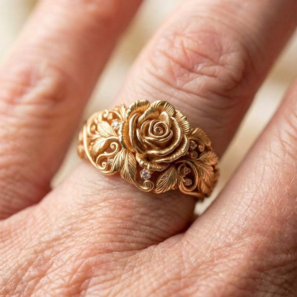 HilalHaven Vintage Rosette Open‑Carved Alloy Ring - image 3