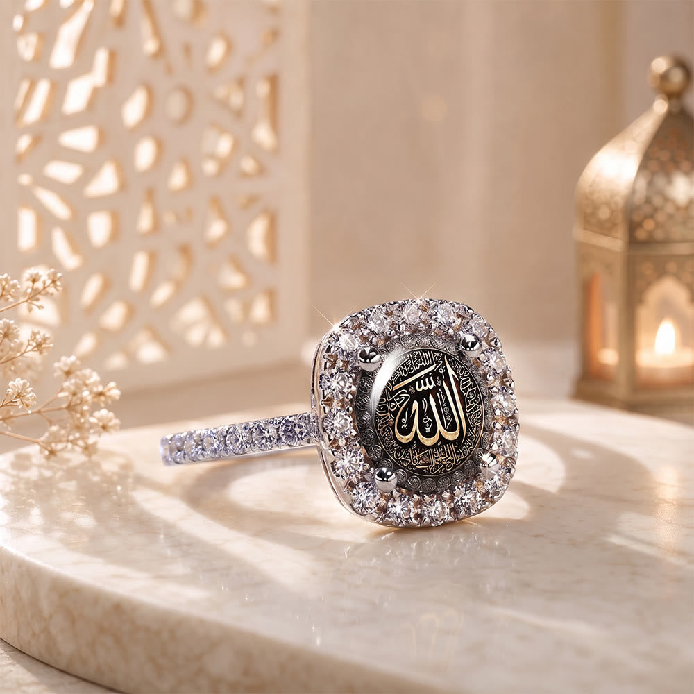 HilalHaven Luminous Seal Allah Cushion‑Cut Pavé Halo Signet Ring - US10 - image 6