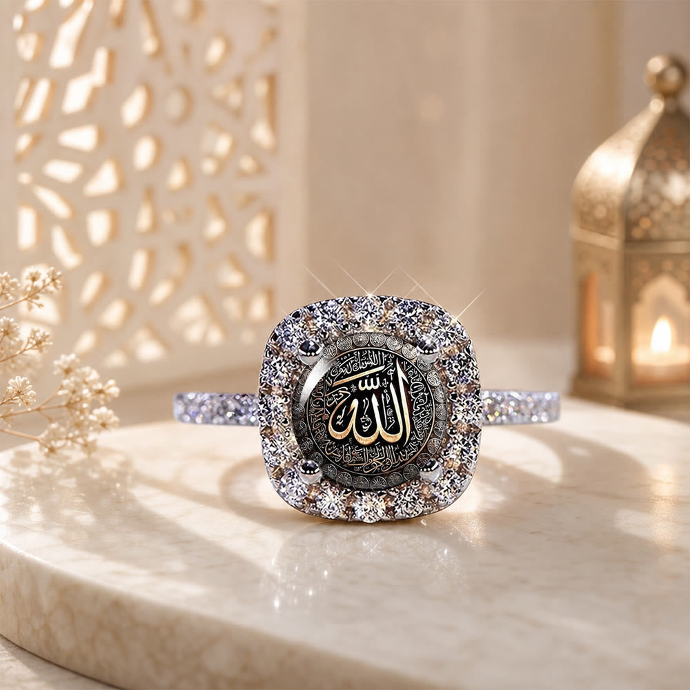 HilalHaven Luminous Seal Allah Cushion‑Cut Pavé Halo Signet Ring - image 3