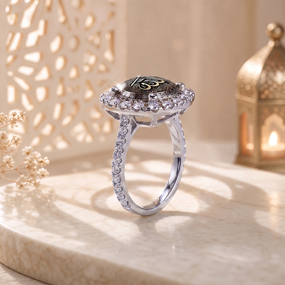 HilalHaven Luminous Seal Allah Cushion‑Cut Pavé Halo Signet Ring - image 5