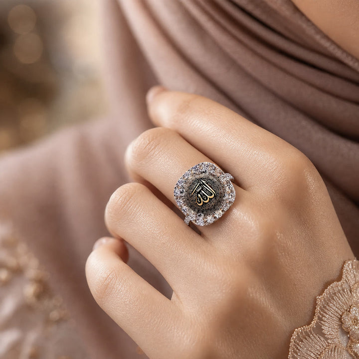 HilalHaven Luminous Seal Allah Cushion‑Cut Pavé Halo Signet Ring - image 1