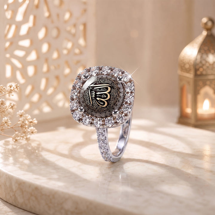 HilalHaven Luminous Seal Allah Cushion‑Cut Pavé Halo Signet Ring - image 7