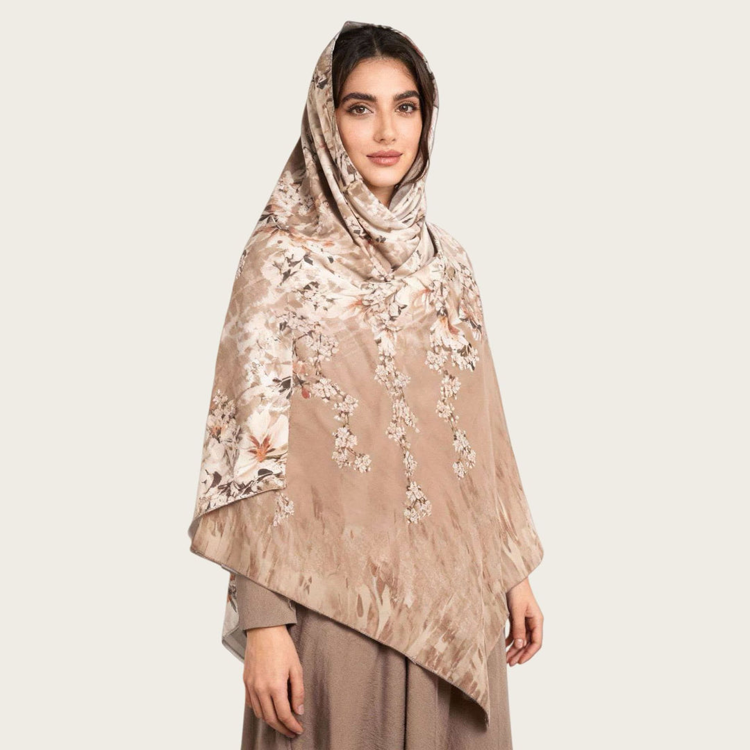 HilalHaven Muted Bloom Watercolor Floral Nylon Hijab — Long Woven All‑Season Printed Wrap - Light Khaki Floral - image 3