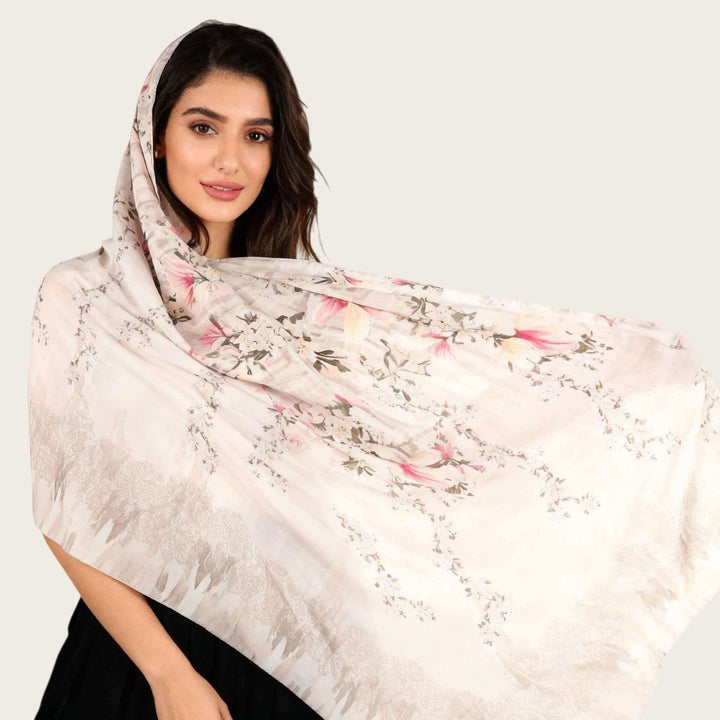 HilalHaven Muted Bloom Watercolor Floral Nylon Hijab — Long Woven All‑Season Printed Wrap - Off‑White Floral - image 7