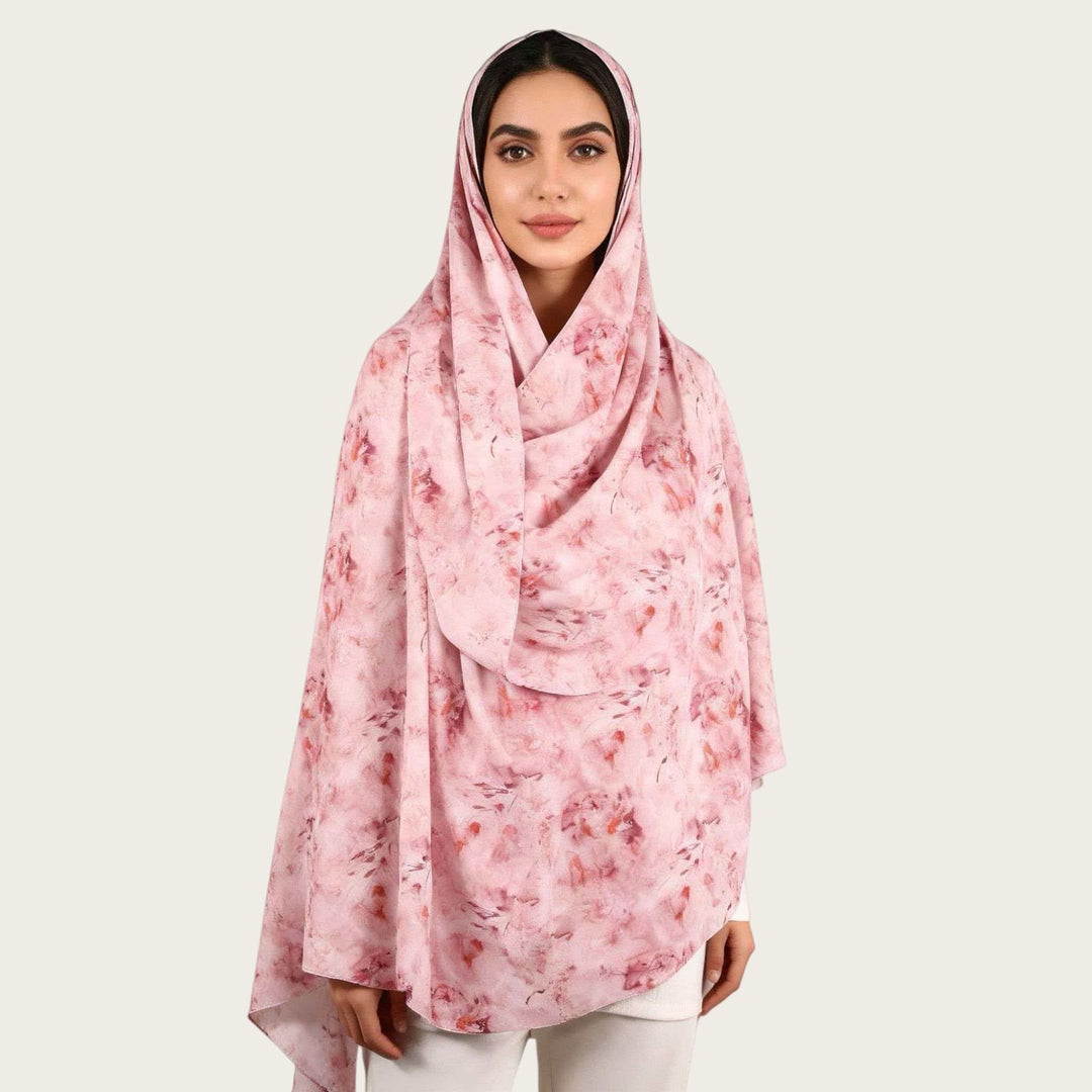 HilalHaven Muted Bloom Watercolor Floral Nylon Hijab — Long Woven All‑Season Printed Wrap - Blush Pink Floral - image 4