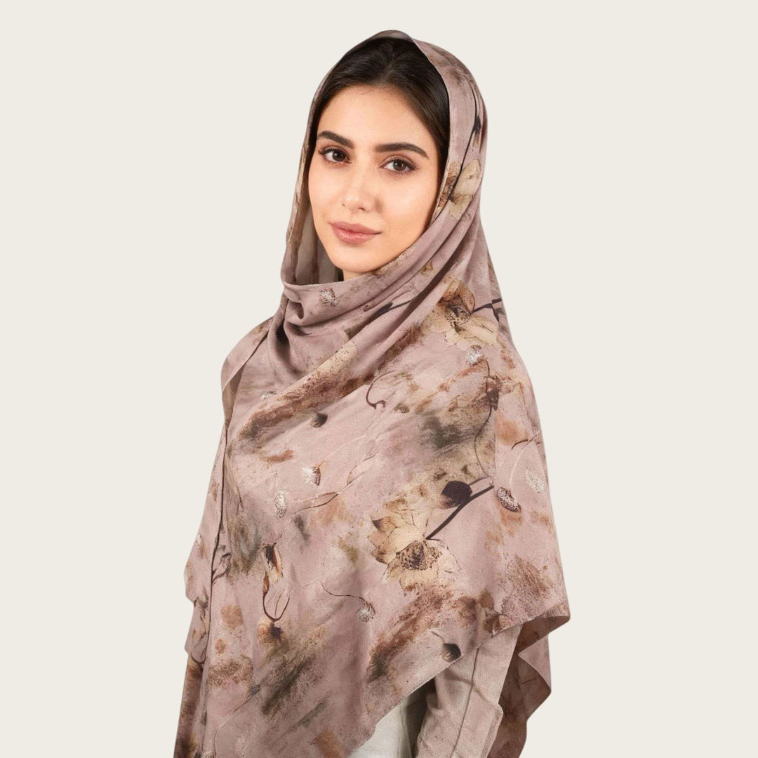 HilalHaven Muted Bloom Watercolor Floral Nylon Hijab — Long Woven All‑Season Printed Wrap - Dusty Taupe - image 1