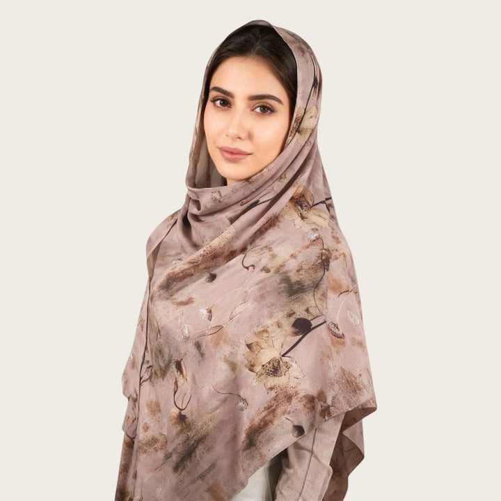 HilalHaven Muted Bloom Watercolor Floral Nylon Hijab — Long Woven All‑Season Printed Wrap - Dusty Taupe - image 1