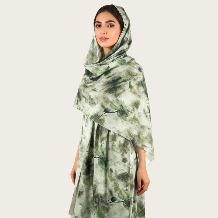 HilalHaven Muted Bloom Watercolor Floral Nylon Hijab — Long Woven All‑Season Printed Wrap - Sage Green Floral - image 6