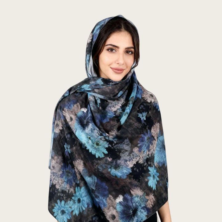 HilalHaven Muted Bloom Watercolor Floral Nylon Hijab — Long Woven All‑Season Printed Wrap - Blue Tie‑Dye - image 9