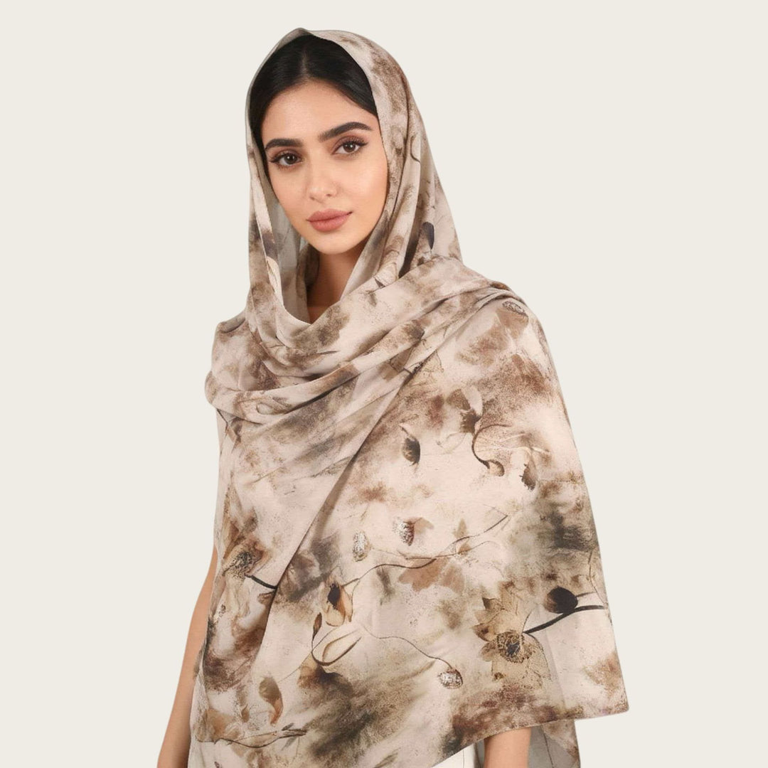 HilalHaven Muted Bloom Watercolor Floral Nylon Hijab — Long Woven All‑Season Printed Wrap - Beige Brown Floral - image 5