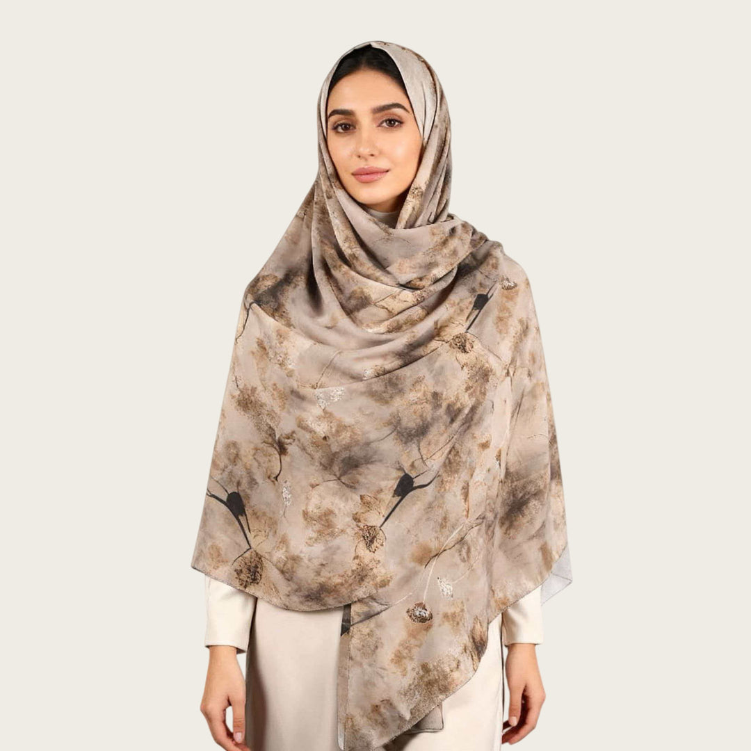 HilalHaven Muted Bloom Watercolor Floral Nylon Hijab — Long Woven All‑Season Printed Wrap - Earthy Beige Floral - image 14