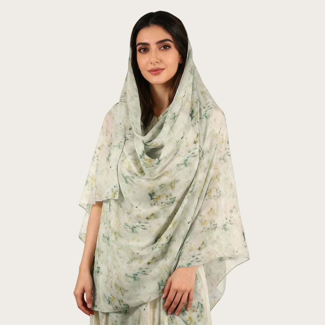 HilalHaven Muted Bloom Watercolor Floral Nylon Hijab — Long Woven All‑Season Printed Wrap - Mint Green Floral - image 13