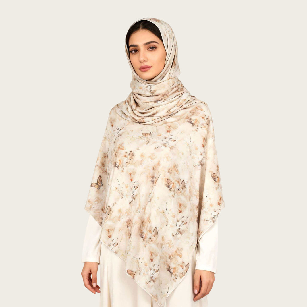 HilalHaven Muted Bloom Watercolor Floral Nylon Hijab — Long Woven All‑Season Printed Wrap - Cream Floral - image 15
