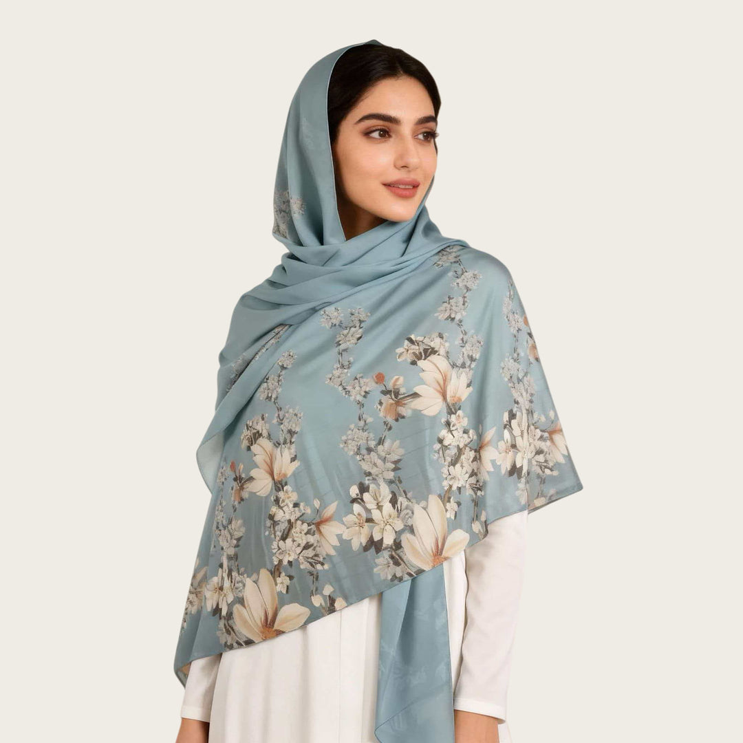 HilalHaven Muted Bloom Watercolor Floral Nylon Hijab — Long Woven All‑Season Printed Wrap - Dusty Blue Floral - image 12