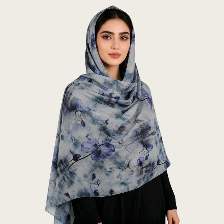 HilalHaven Muted Bloom Watercolor Floral Nylon Hijab — Long Woven All‑Season Printed Wrap - Slate Blue Floral - image 16