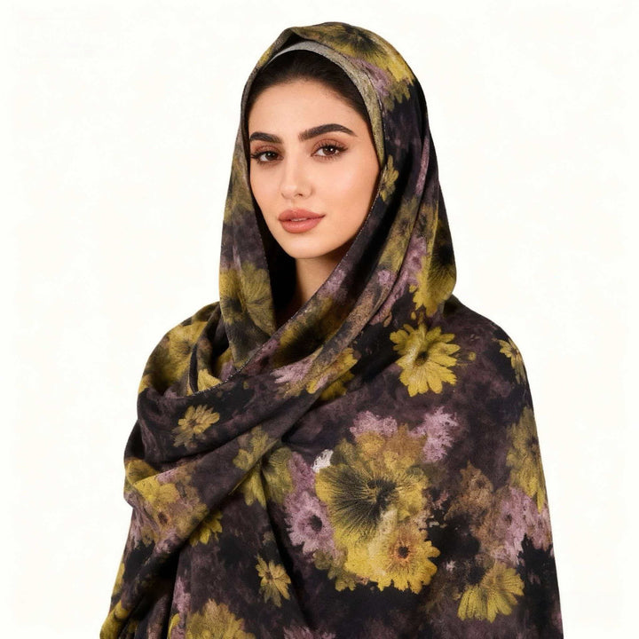 HilalHaven Muted Bloom Watercolor Floral Nylon Hijab — Long Woven All‑Season Printed Wrap - Dark Floral - image 0