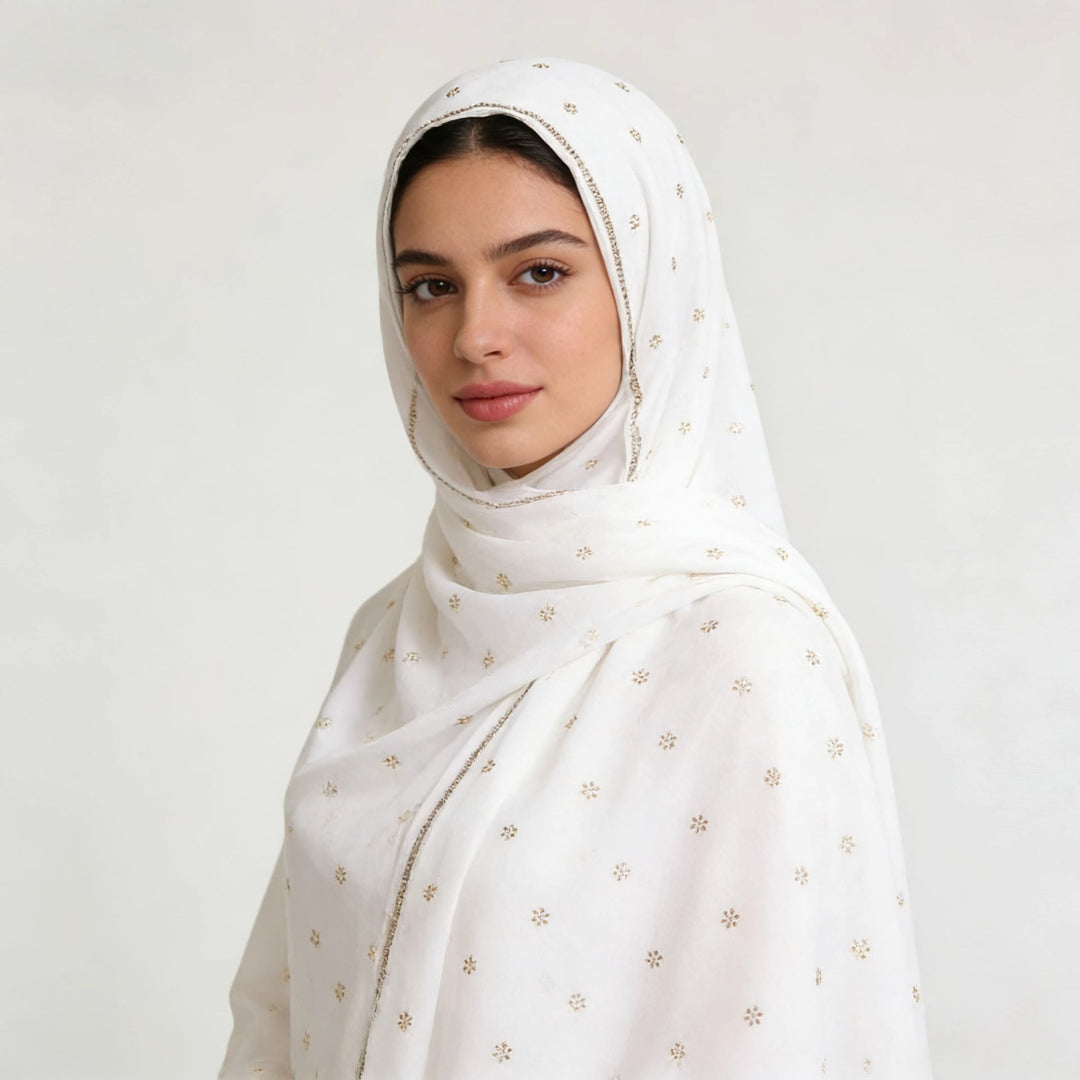 HilalHaven Gilded Petal Multi‑Color Ditsy‑Motif Satin‑Touch Hijab — Long Woven Polyester All‑Season Wrap - Off‑White - image 1