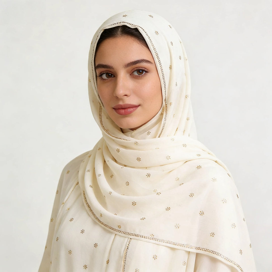 HilalHaven Gilded Petal Multi‑Color Ditsy‑Motif Satin‑Touch Hijab — Long Woven Polyester All‑Season Wrap - Cream White - image 2