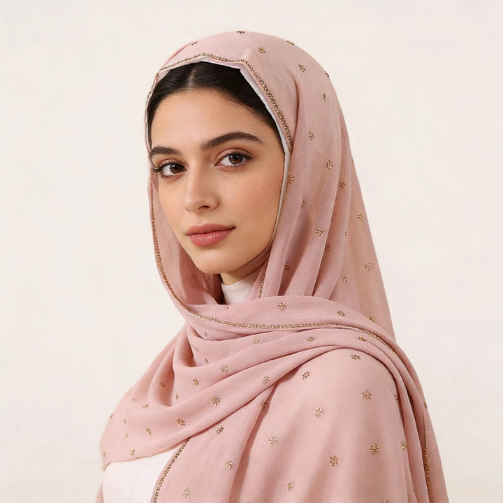HilalHaven Gilded Petal Multi‑Color Ditsy‑Motif Satin‑Touch Hijab — Long Woven Polyester All‑Season Wrap - Dusty Pink - image 0