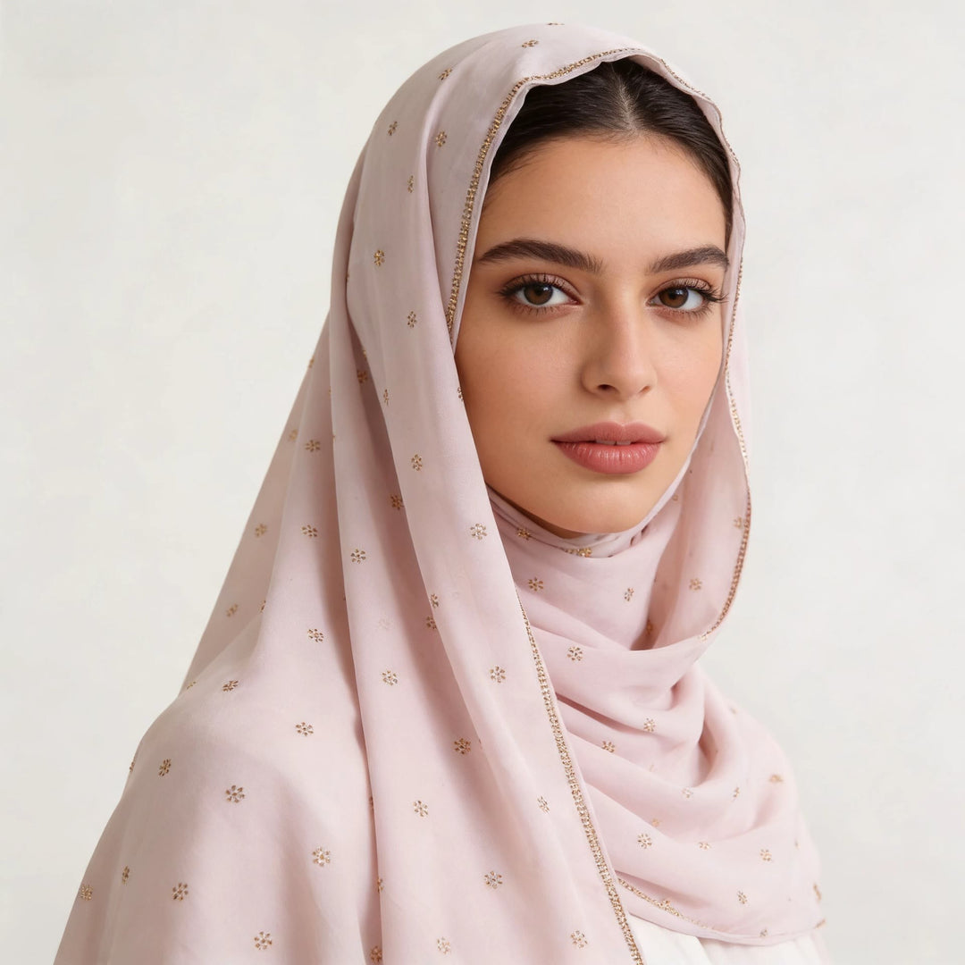 HilalHaven Gilded Petal Multi‑Color Ditsy‑Motif Satin‑Touch Hijab — Long Woven Polyester All‑Season Wrap - Blush Nude - image 5