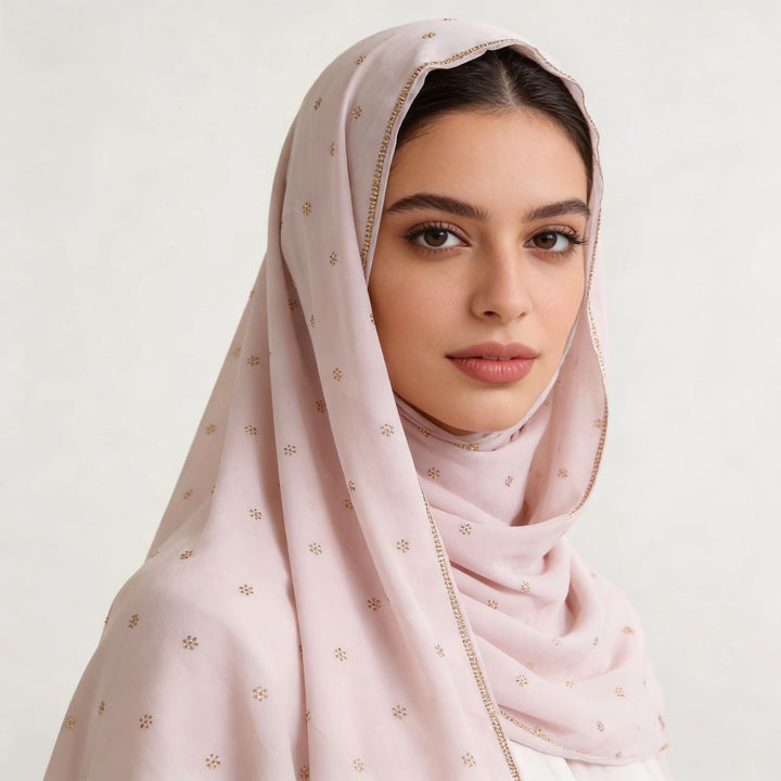 HilalHaven Gilded Petal Multi‑Color Ditsy‑Motif Satin‑Touch Hijab — Long Woven Polyester All‑Season Wrap - Blush Nude - image 5