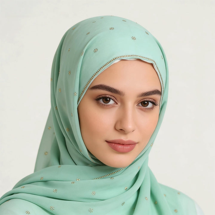 HilalHaven Gilded Petal Multi‑Color Ditsy‑Motif Satin‑Touch Hijab — Long Woven Polyester All‑Season Wrap - Mint Green - image 4