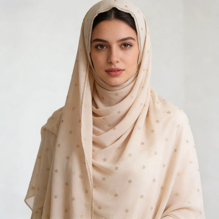 HilalHaven Gilded Petal Multi‑Color Ditsy‑Motif Satin‑Touch Hijab — Long Woven Polyester All‑Season Wrap - Light Nude - image 3