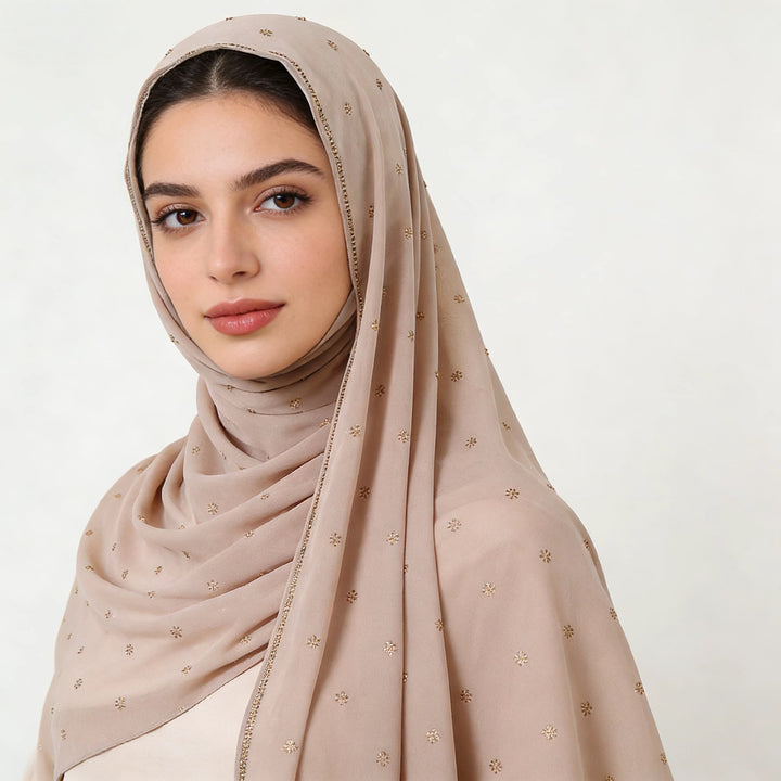 HilalHaven Gilded Petal Multi‑Color Ditsy‑Motif Satin‑Touch Hijab — Long Woven Polyester All‑Season Wrap - Taupe - image 8