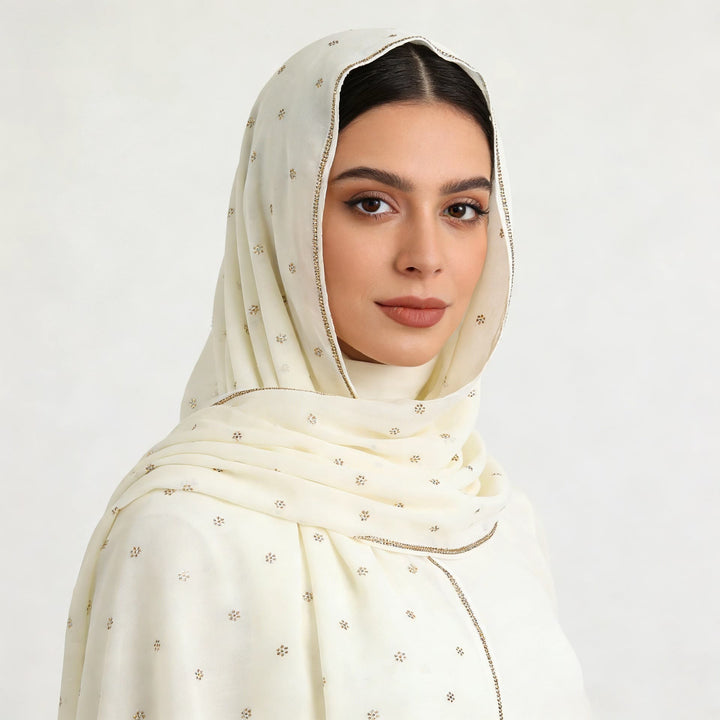 HilalHaven Gilded Petal Multi‑Color Ditsy‑Motif Satin‑Touch Hijab — Long Woven Polyester All‑Season Wrap - Ivory - image 7