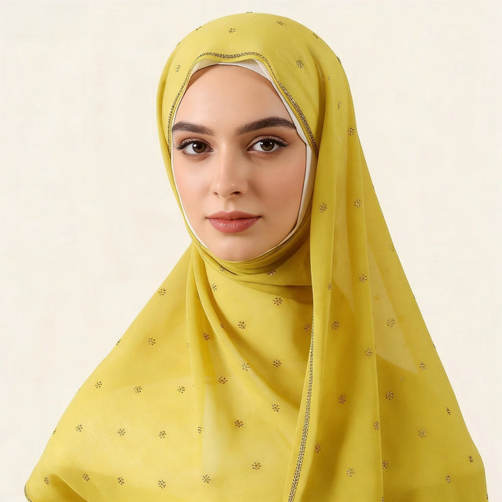 HilalHaven Gilded Petal Multi‑Color Ditsy‑Motif Satin‑Touch Hijab — Long Woven Polyester All‑Season Wrap - Mustard Yellow - image 10