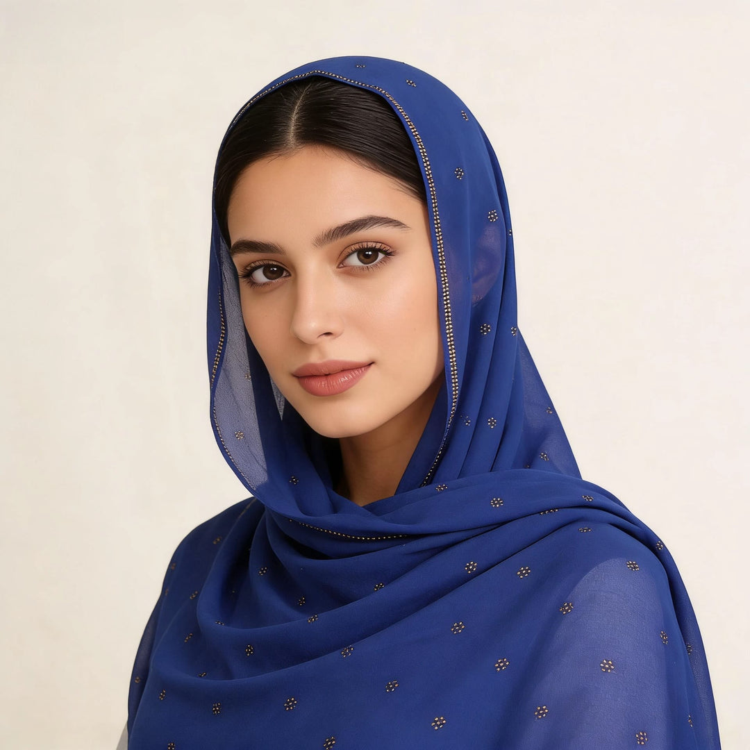 HilalHaven Gilded Petal Multi‑Color Ditsy‑Motif Satin‑Touch Hijab — Long Woven Polyester All‑Season Wrap - Royal Blue - image 11