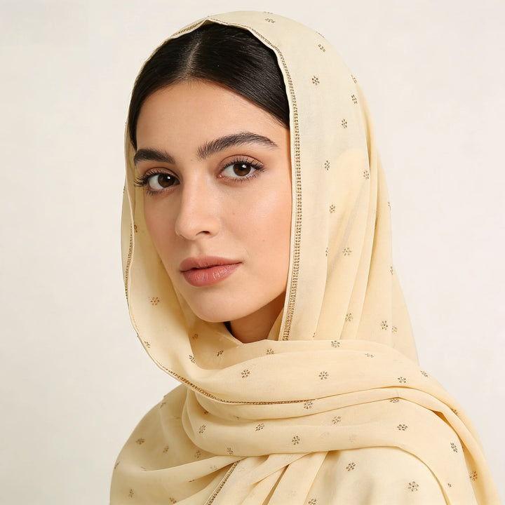 HilalHaven Gilded Petal Multi‑Color Ditsy‑Motif Satin‑Touch Hijab — Long Woven Polyester All‑Season Wrap - Apricot Cream - image 13