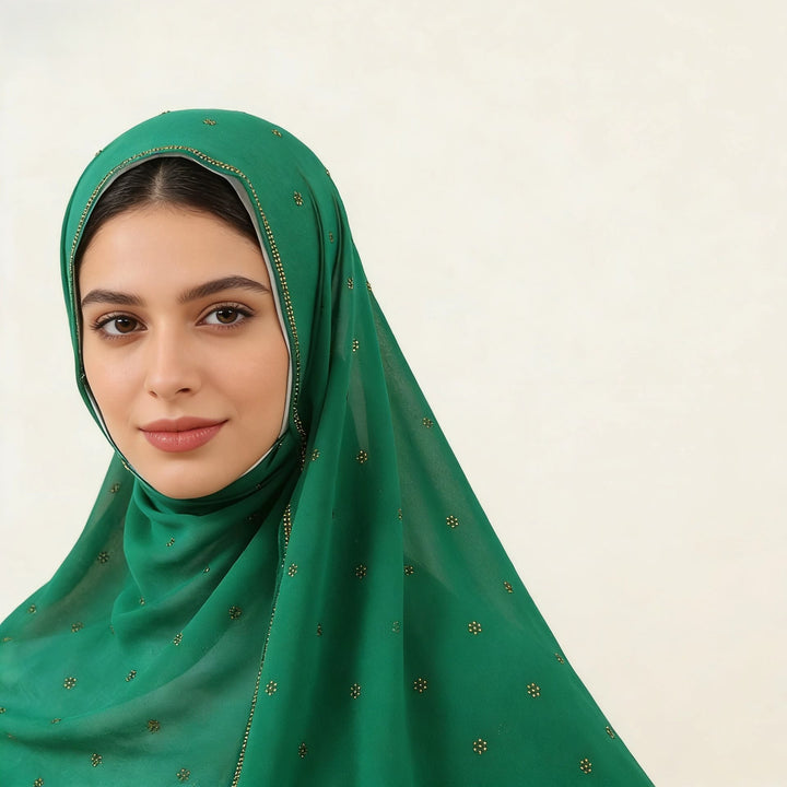 HilalHaven Gilded Petal Multi‑Color Ditsy‑Motif Satin‑Touch Hijab — Long Woven Polyester All‑Season Wrap - Emerald Green - image 9