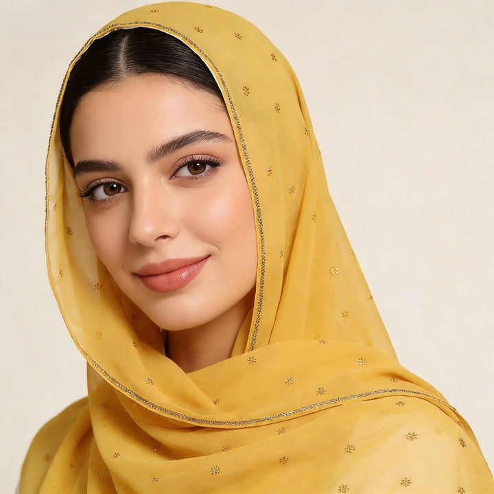 HilalHaven Gilded Petal Multi‑Color Ditsy‑Motif Satin‑Touch Hijab — Long Woven Polyester All‑Season Wrap - Golden Yellow - image 12