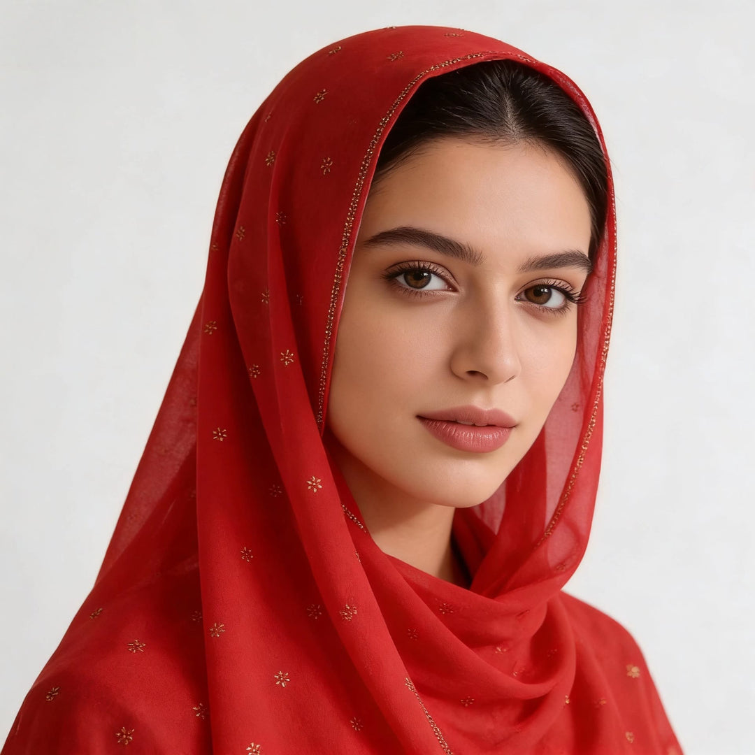 HilalHaven Gilded Petal Multi‑Color Ditsy‑Motif Satin‑Touch Hijab — Long Woven Polyester All‑Season Wrap - Scarlet Red - image 6