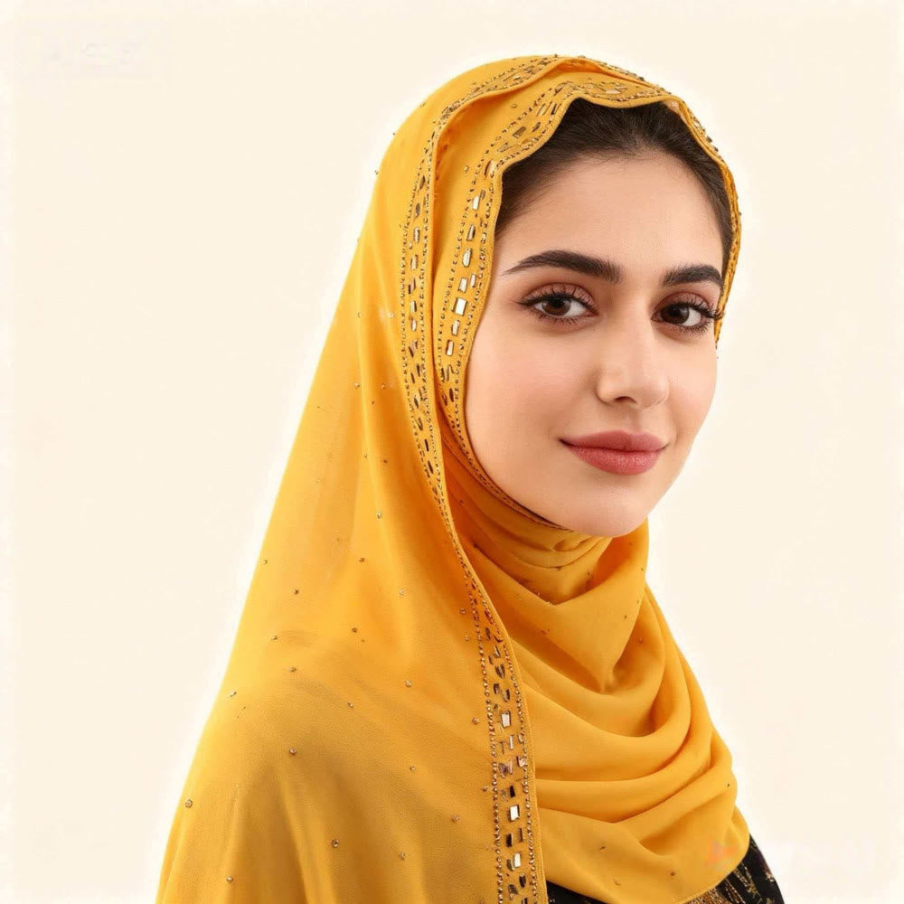 HilalHaven Sparkling Border Multi‑Color Pearl Chiffon Hijab — Long Woven Polyester All‑Season Wrap - Golden Mustard - image 9
