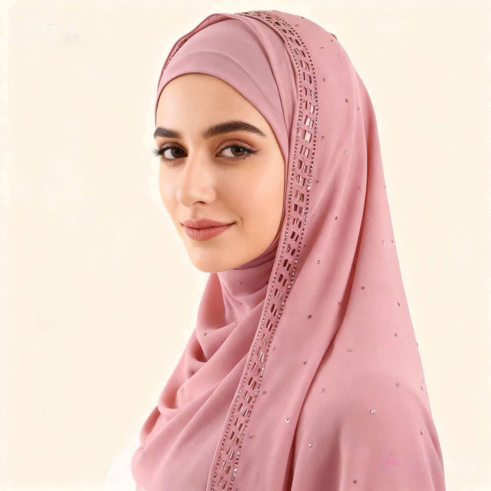 HilalHaven Sparkling Border Multi‑Color Pearl Chiffon Hijab — Long Woven Polyester All‑Season Wrap - Dusty Rose - image 0