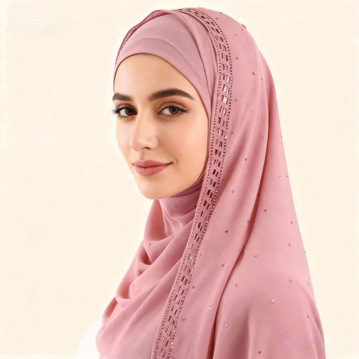 HilalHaven Sparkling Border Multi‑Color Pearl Chiffon Hijab — Long Woven Polyester All‑Season Wrap - Dusty Rose - image 0