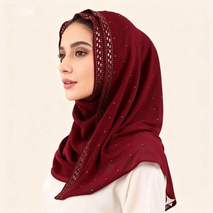 HilalHaven Sparkling Border Multi‑Color Pearl Chiffon Hijab — Long Woven Polyester All‑Season Wrap - Burgundy - image 3