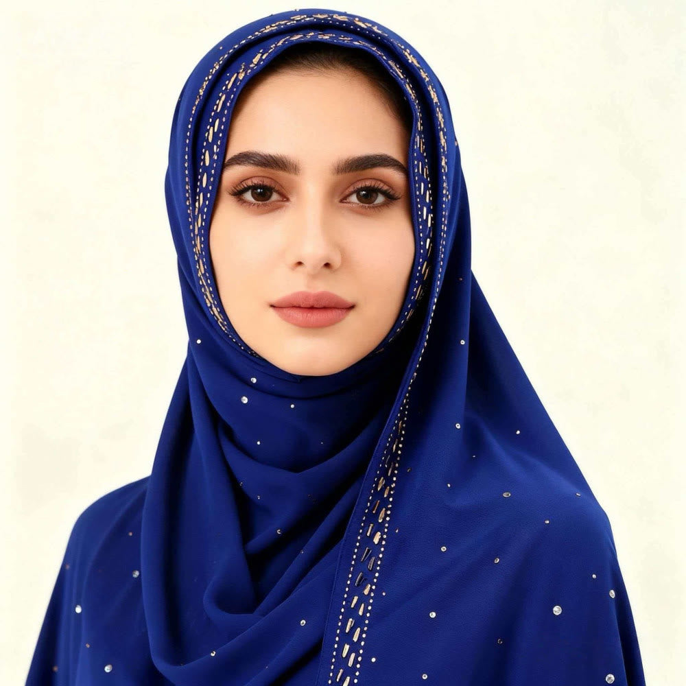 HilalHaven Sparkling Border Multi‑Color Pearl Chiffon Hijab — Long Woven Polyester All‑Season Wrap - Navy Blue - image 15