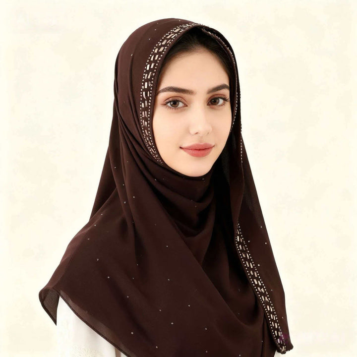 HilalHaven Sparkling Border Multi‑Color Pearl Chiffon Hijab — Long Woven Polyester All‑Season Wrap - Chocolate Brown - image 11