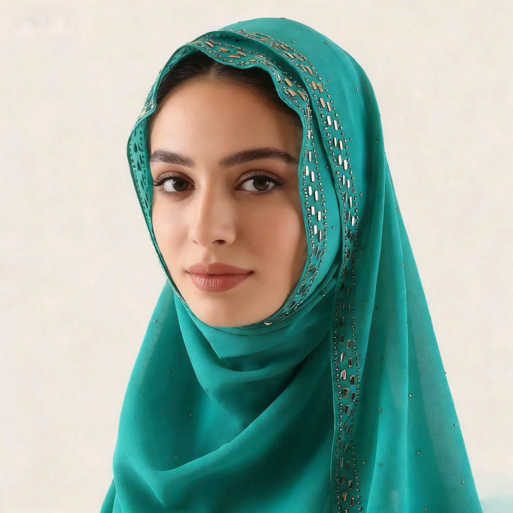 HilalHaven Sparkling Border Multi‑Color Pearl Chiffon Hijab — Long Woven Polyester All‑Season Wrap - Emerald Green - image 16